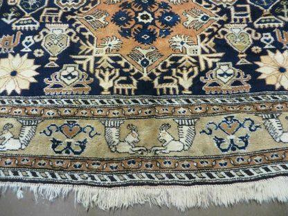 Persian Qum Rug Five Foot Six By Eight Foot Eight Navy Blue Vintage 1960s Cleaned