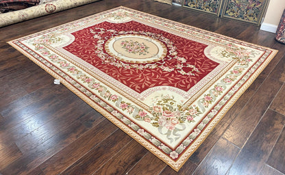 Aubusson Rug Handmade Vintage Needlepoint Carpet 9x12 Red Ivory Wool Elegant European Design