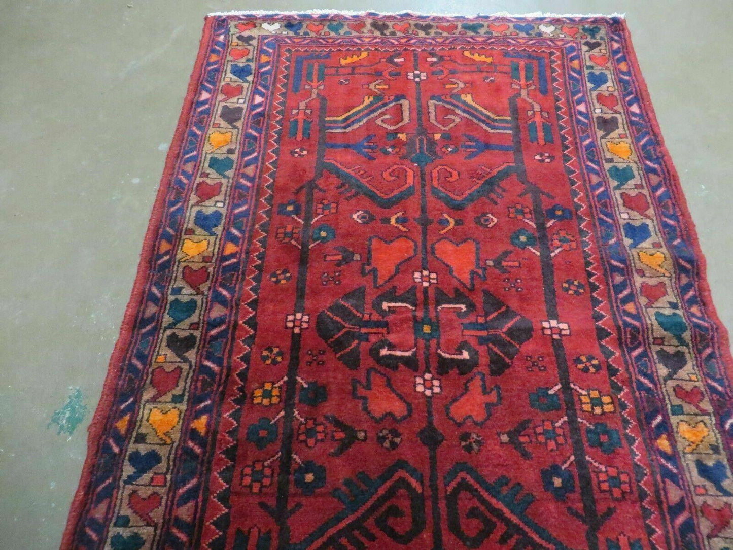 Antique Persian Hamadan Runner 3.4 x 9.7 -  Wool, Red and Navy Blue