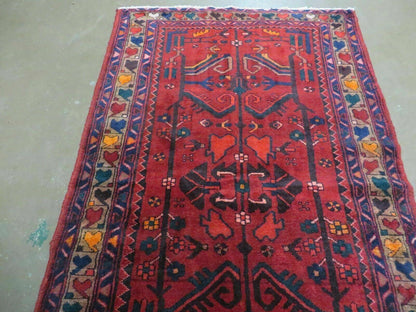 Antique Persian Hamadan Runner 3.4 x 9.7 -  Wool, Red and Navy Blue