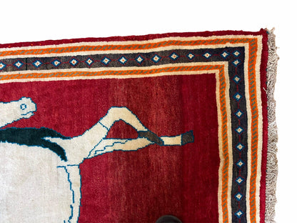 Handmade Hand-Knotted Wool Rug With Horses Motif Vintage White And Red 3.5 x 6