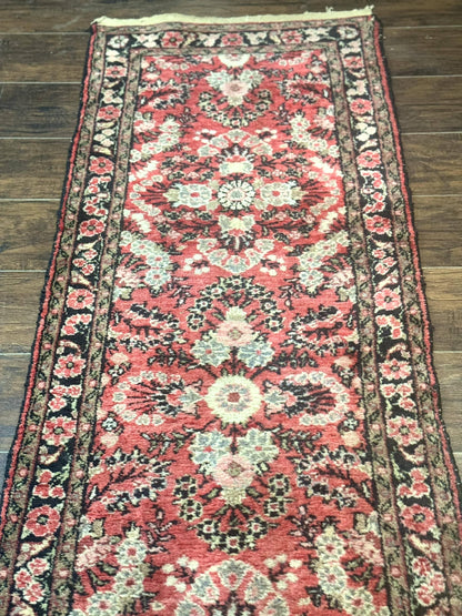 Persian Hamadan Runner Rug 2 x 13.6 – Red Floral Wool Hallway Carpet