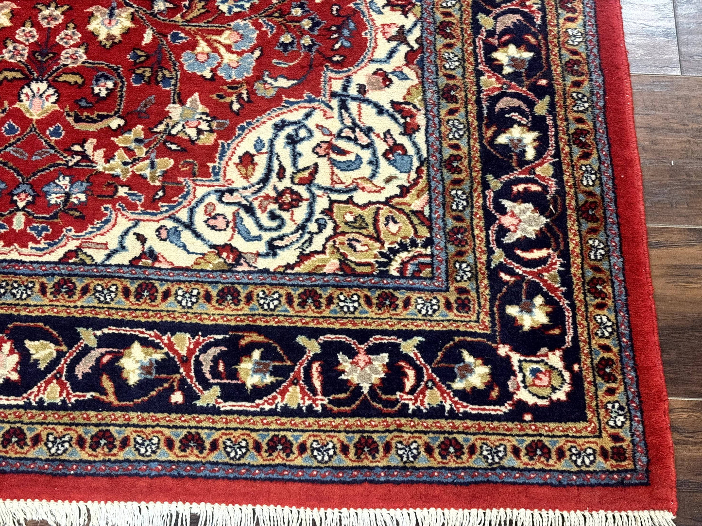 Persian Sarouk Rug 4x7, Red Navy Blue Vintage Wool Medallion Carpet