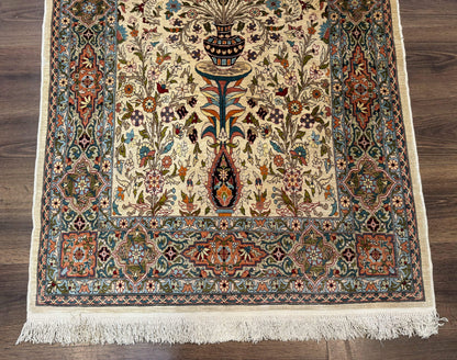 Rare Turkish Hereke Silk Rug 3x5, Tree of Life Persian Vase Design, Very Fine 440 KPSI, Signed
