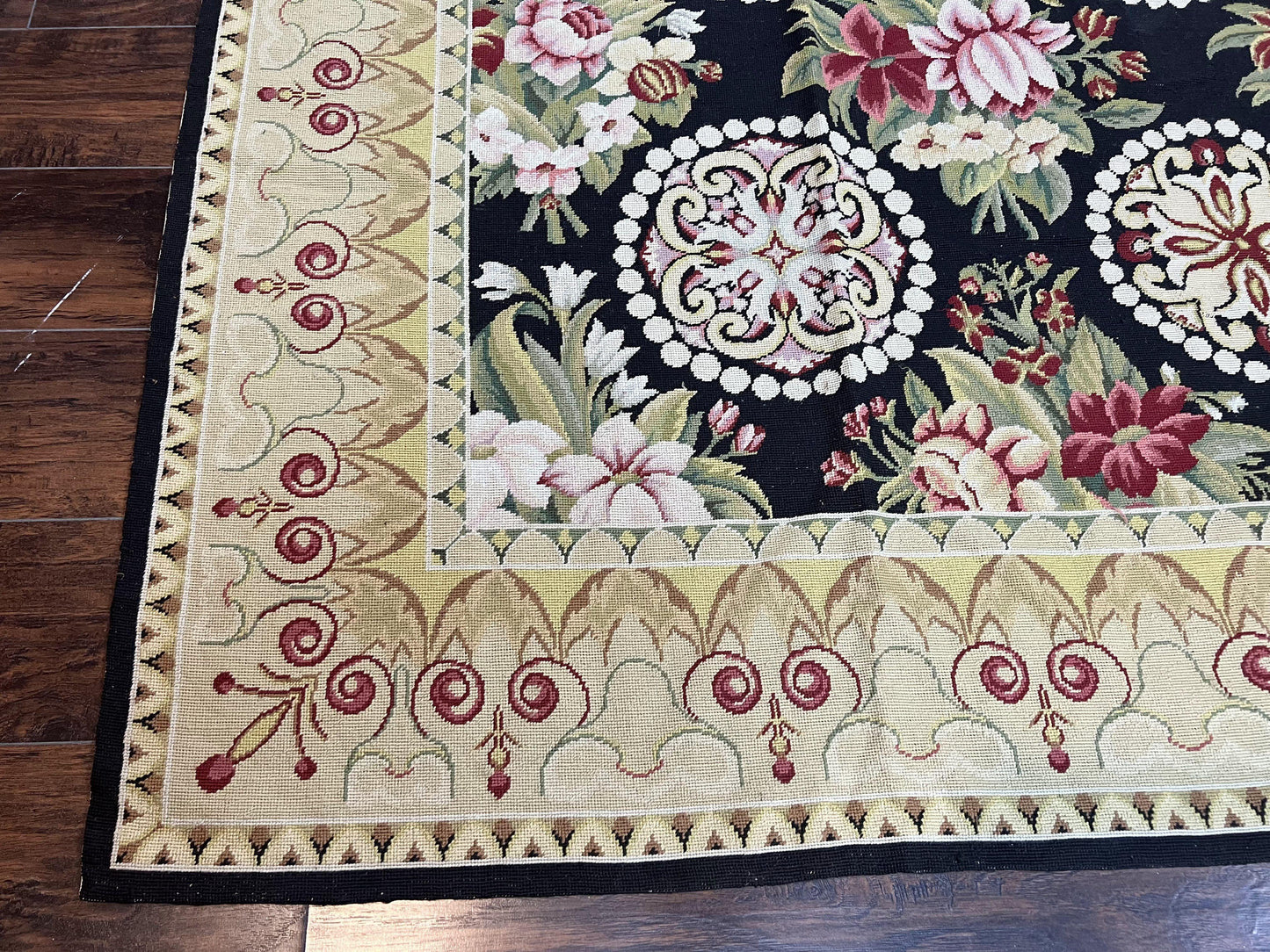 Black Wool Needlepoint Rug 9x12 Handwoven European Floral Panel Design Vintage Chinese