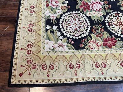 Black Wool Needlepoint Rug 9x12 Handwoven European Floral Panel Design Vintage Chinese