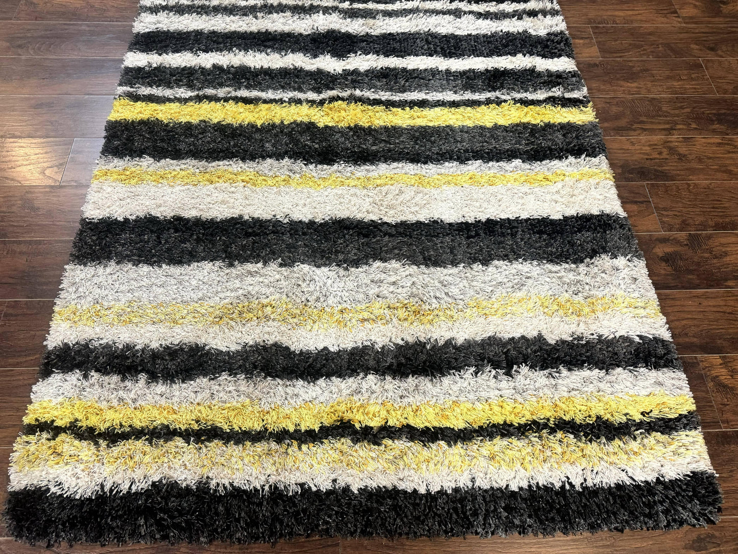 Shag Rug 5x8 Yellow Ivory Charcoal Contemporary Machine Made Polypropylene
