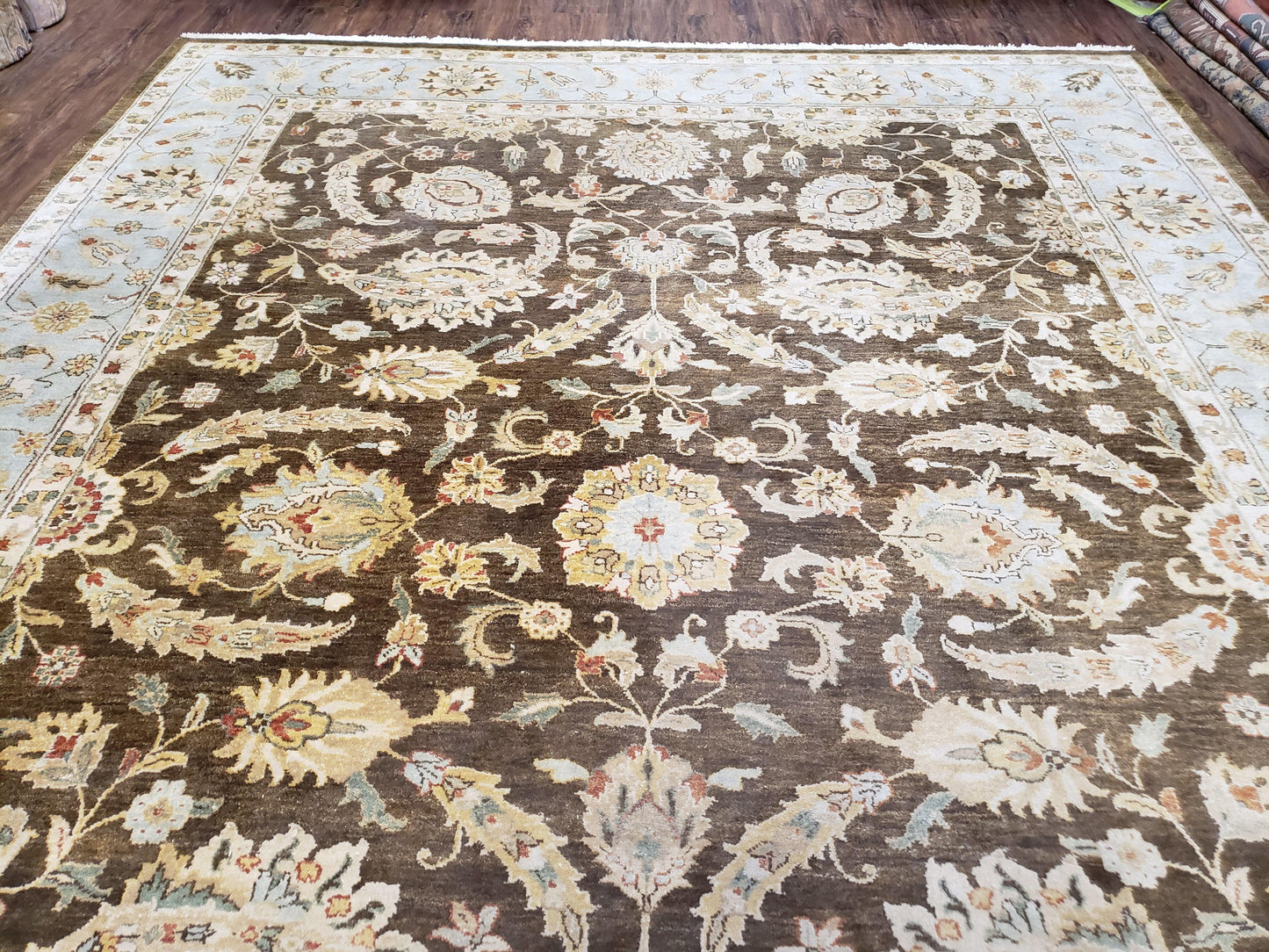 Oushak Wool Rug Indo Mahal Vintage Hand Knotted 8 Ft 8 In By 12 Ft Floral Brown And Blue