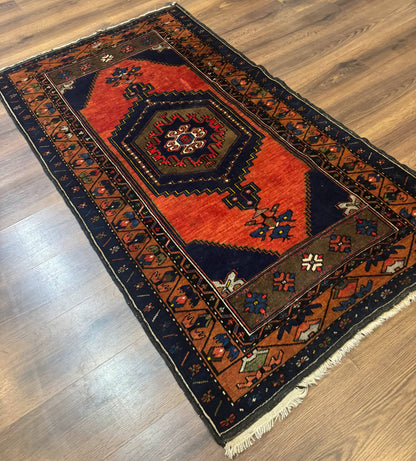 Persian Nahavand Rug 3x6 Geometric Medallion Village Tribal Design In Terracotta And Navy