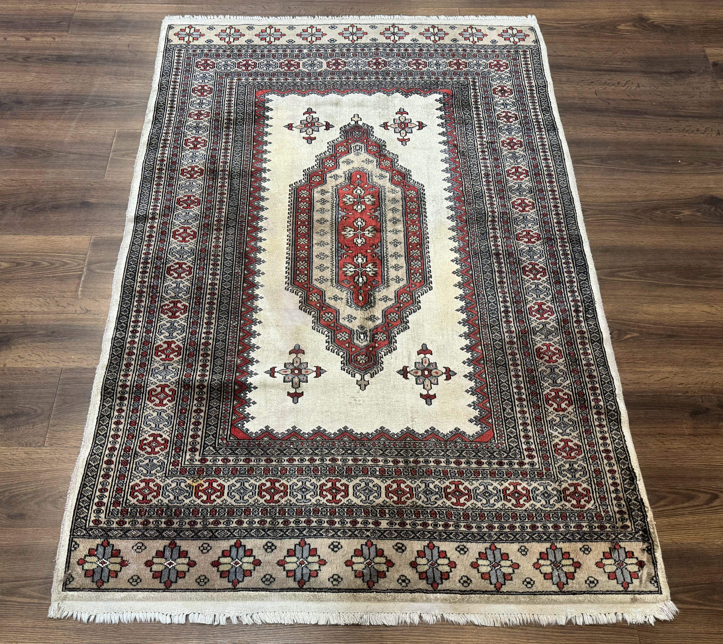 Pakistani Turkoman Rug 4x6, Semi Open Field, Ivory, Vintage