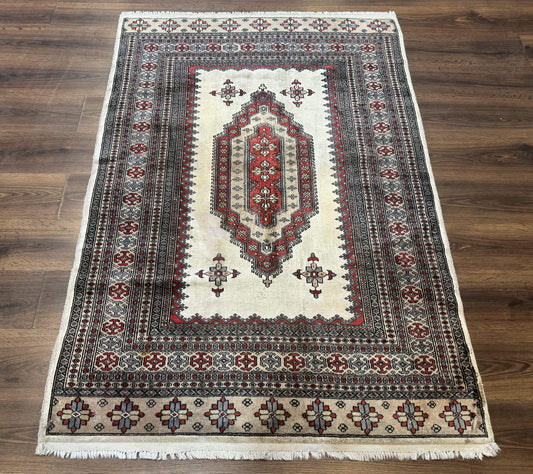 Pakistani Turkoman Rug 4x6, Semi Open Field, Ivory, Vintage