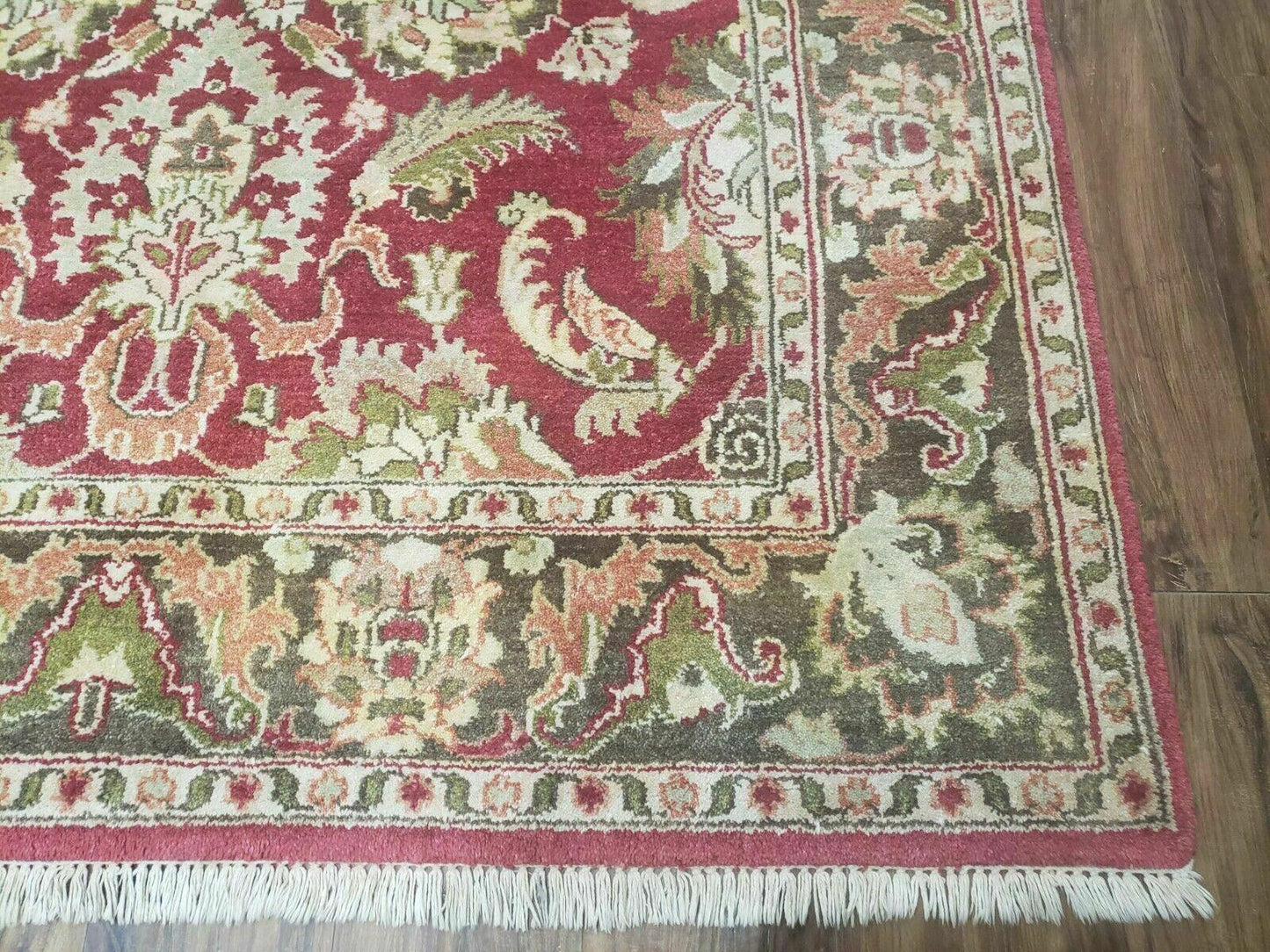 Indo Persian Rug 6x9, Hand Knotted Vintage Indian Sultanabad Agra Wool Rug, Handmade Oriental Carpet 6 x 9, Red Large Floral Design