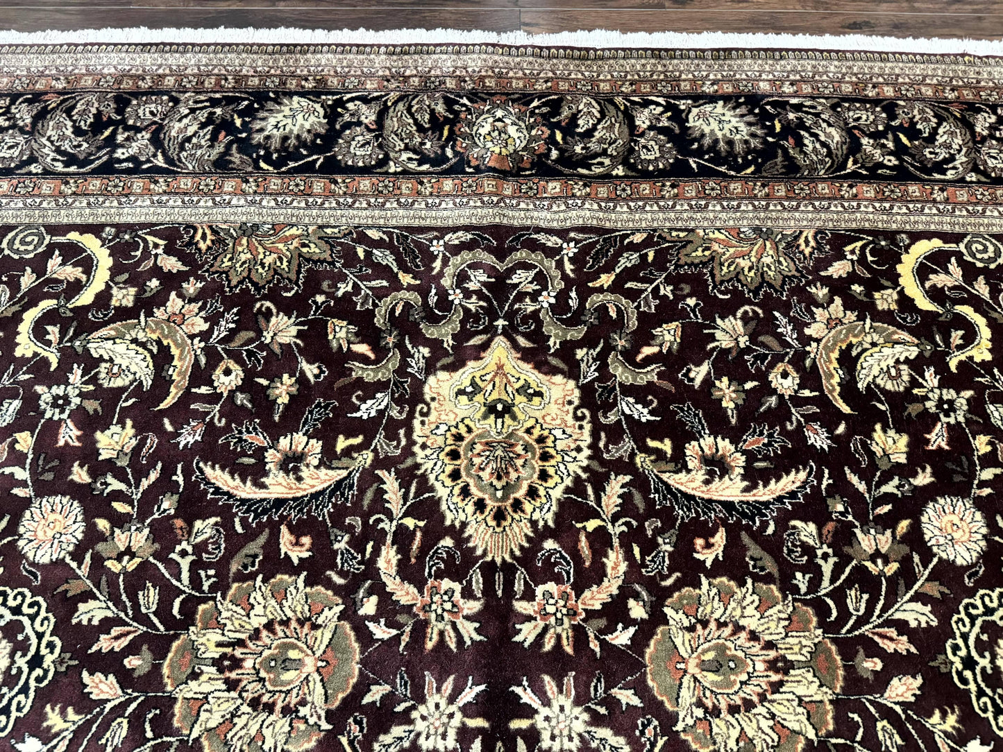 Indo Persian Rug 10x14 Handmade Wool Floral Allover Vintage Dark Maroon Plum Black