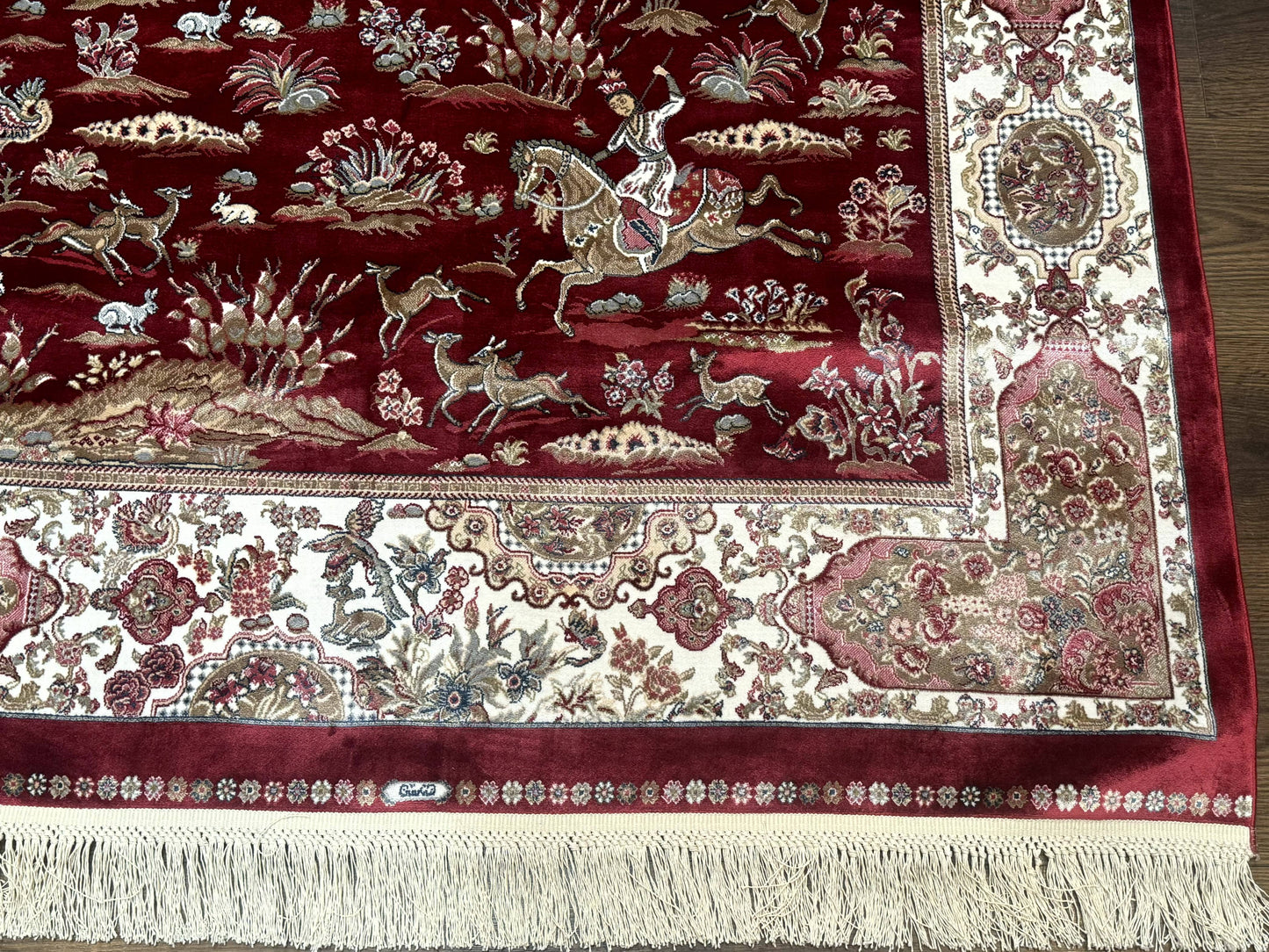 Turkish Silk Hunting Design Rug 4x6 Bamboo Silk Dark Red Ivory
