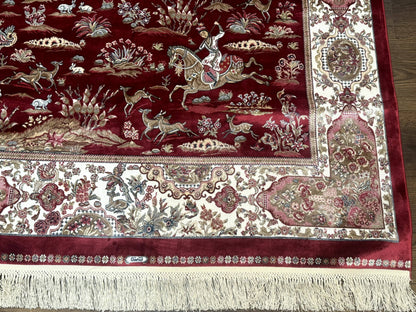 Turkish Silk Hunting Design Rug 4x6 Bamboo Silk Dark Red Ivory
