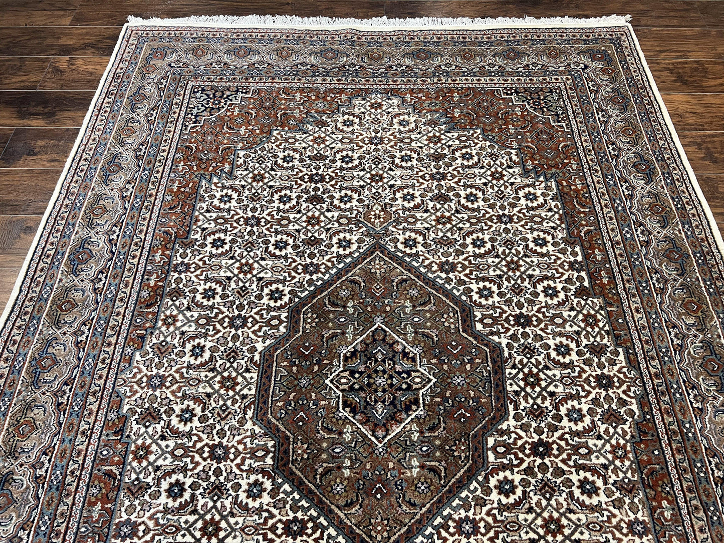 Indo Persian Rug 7x10 ft, Hand Knotted Wool Vintage Oriental Carpet 7 x 10, Traditional Handmade Herati Bidjar Cream Rug, Medallion Rug