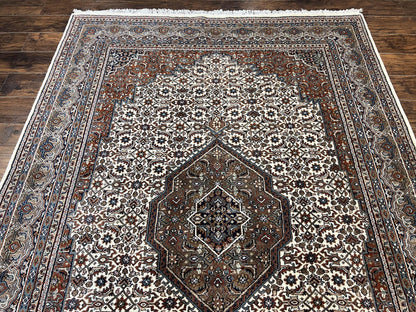 Indo Persian Rug 7x10 ft, Hand Knotted Wool Vintage Oriental Carpet 7 x 10, Traditional Handmade Herati Bidjar Cream Rug, Medallion Rug