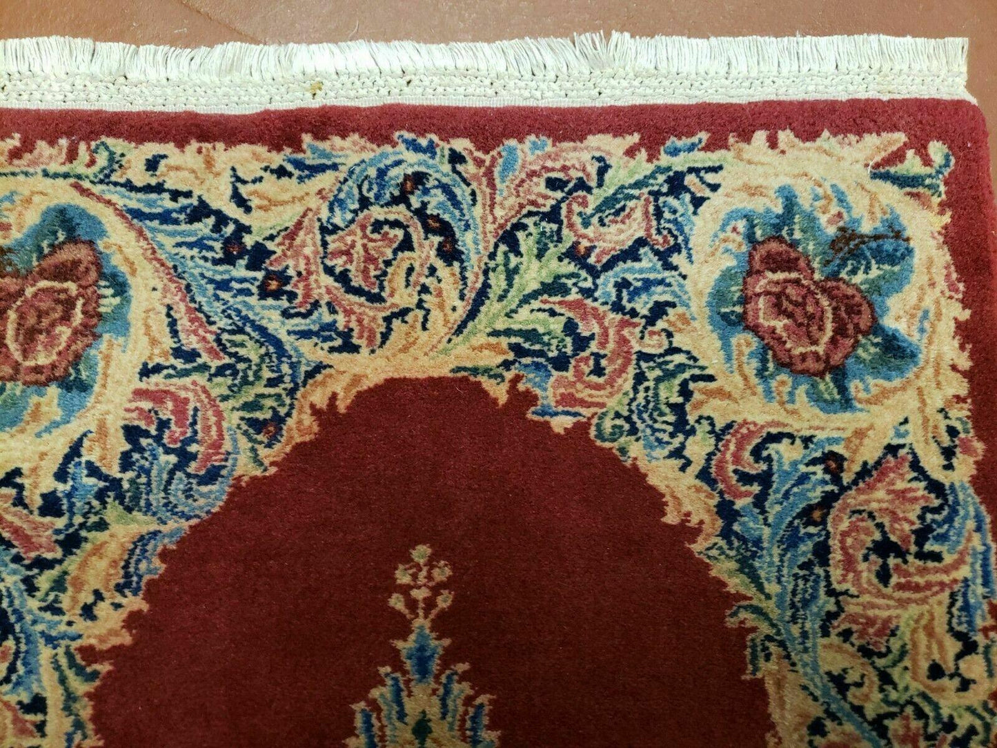 Persian Kirman Rug Hand Knotted Wool 2x4 Vintage Floral Medallion Red Beige