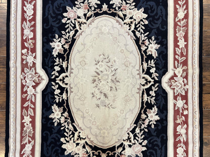 Needlepoint Rug 5x8 Wool Handmade Vintage European Aubusson Flatweave Rug Black and Maroon