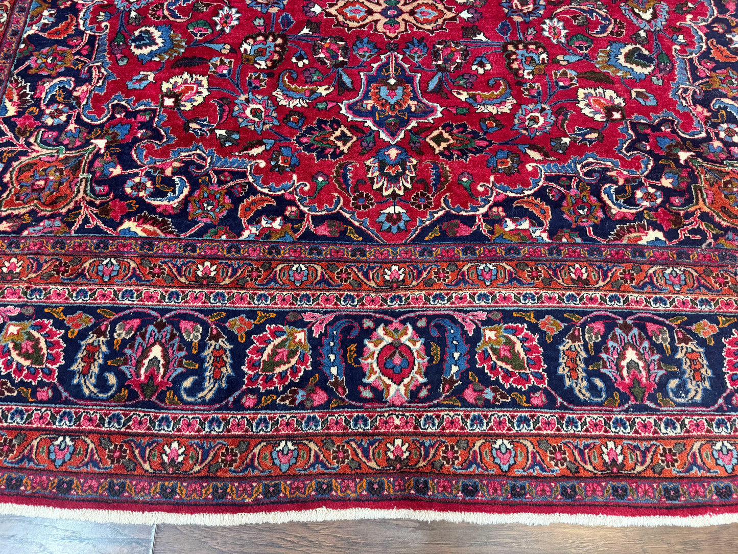 Antique Persian Mashad Rug 10x13, Red and Navy Blue, Great Colors, Signed By Masterweaver, Floral Medallion, Handmade Wool Persian Carpet