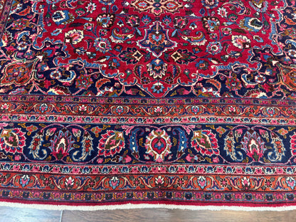 Antique Persian Mashad Rug 10x13, Red and Navy Blue, Great Colors, Signed By Masterweaver, Floral Medallion, Handmade Wool Persian Carpet