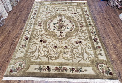 Vintage Nepali Tibetan Aubusson Rug 6x9, Wool Hand-Knotted Cream Beige Carpet, Leaves & Floral Pattern 6 x 9 Soft Area Rug Home Office Rug