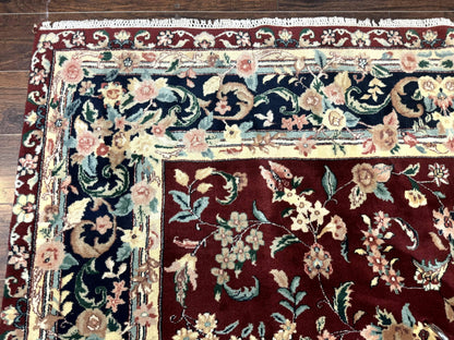 Indo Persian Rug 8x10 Handmade Wool With Floral Bird Pictorials In Maroon And Navy