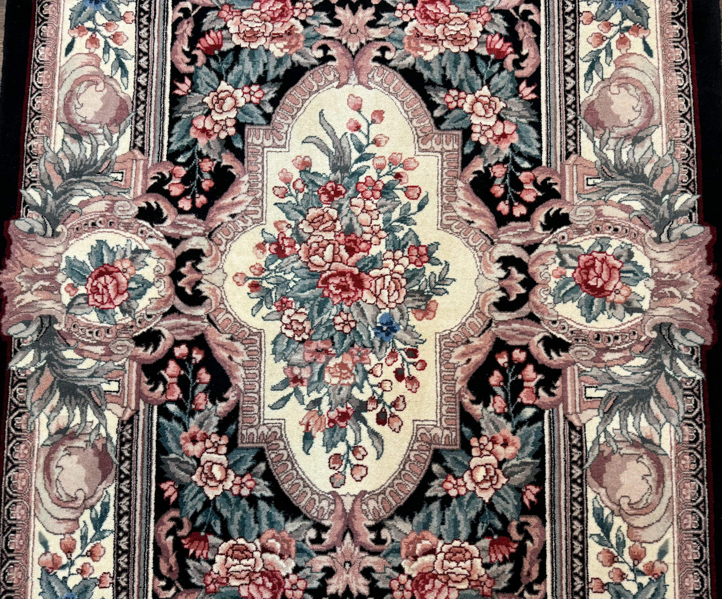 Aubusson Rug 4x6 Hand Knotted Wool Elegant European Floral Design Black Ivory Area Rug