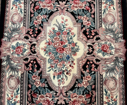 Aubusson Rug 4x6 Hand Knotted Wool Elegant European Floral Design Black Ivory Area Rug