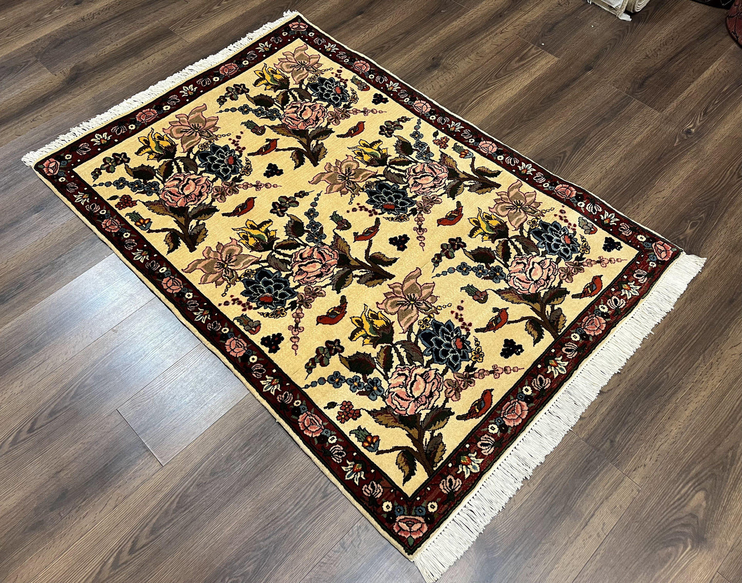 Persian Bidjar Rug 3.6 x 5 ft, Repeated Floral Motifs, Roses and Birds, Cream Burgundy, Fine Wool Oriental Bijar Carpet, Vintage Traditional Area Rug