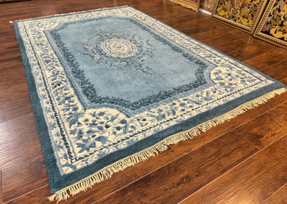 Indo Chinese Aubusson Rug 6x9 Handmade Vintage Wool Carpet Light Blue And Ivory