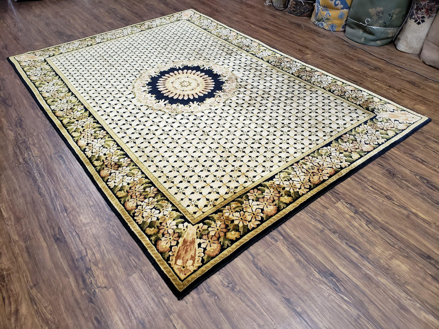 Indo Tibetan Wool Rug Handmade 6x8 Floral Border In Black Cream