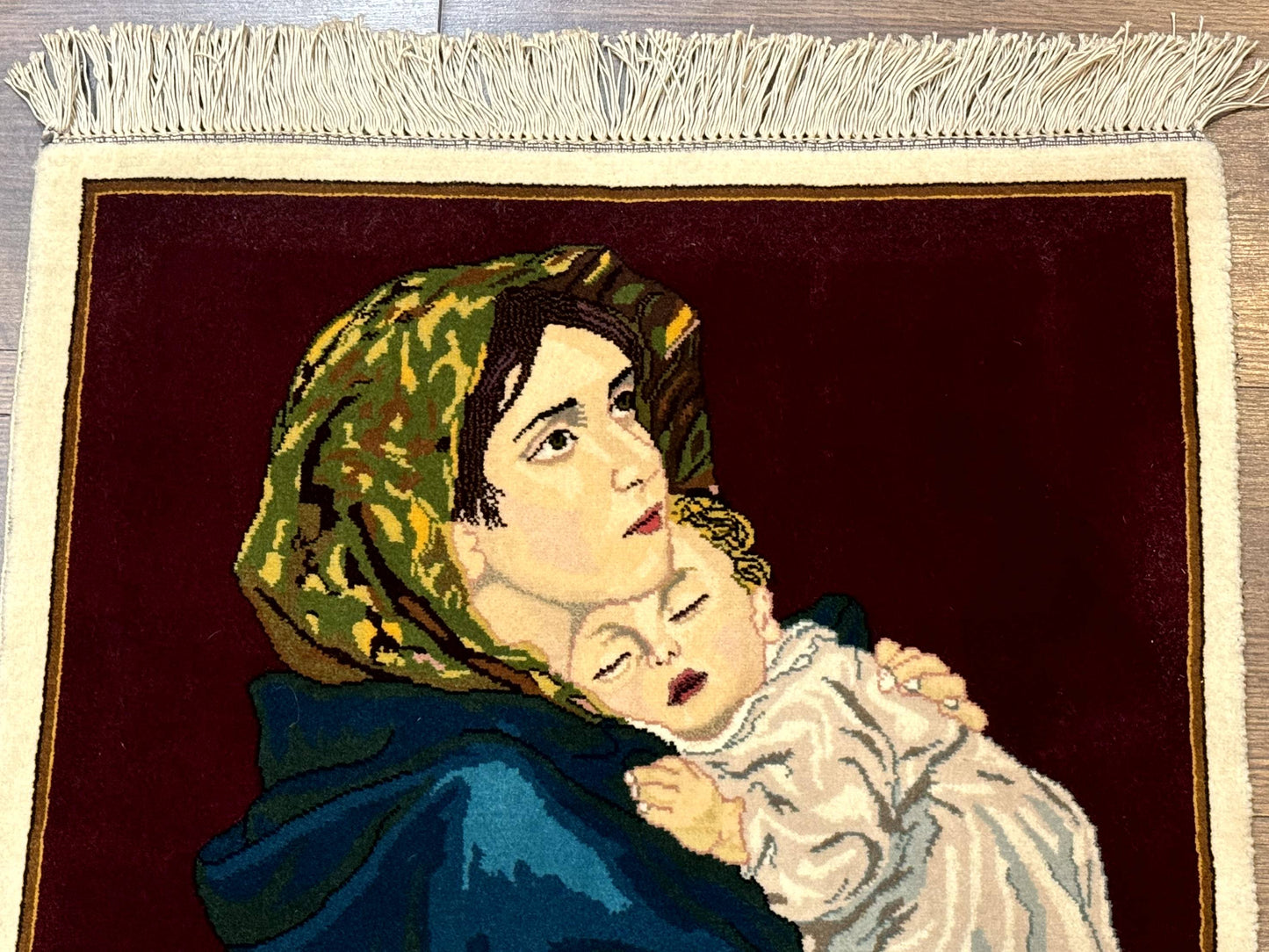 Small Persian Tabriz Pictorial Rug 2x2, Mother Holding Child, Very Fine 340 KPSI, Maroon