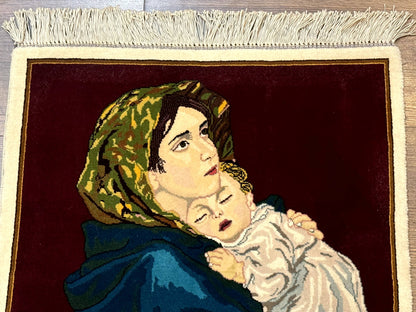 Small Persian Tabriz Pictorial Rug 2x2, Mother Holding Child, Very Fine 340 KPSI, Maroon