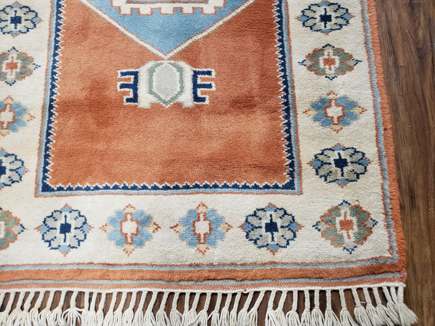 Turkish Area Rug Handmade Vintage Wool Kazak Carpet Three By Five Feet Red Beige