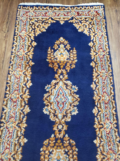 Semi Antique Dark Blue Persian Kerman Runner Hand Knotted Wool Open Field Medallion