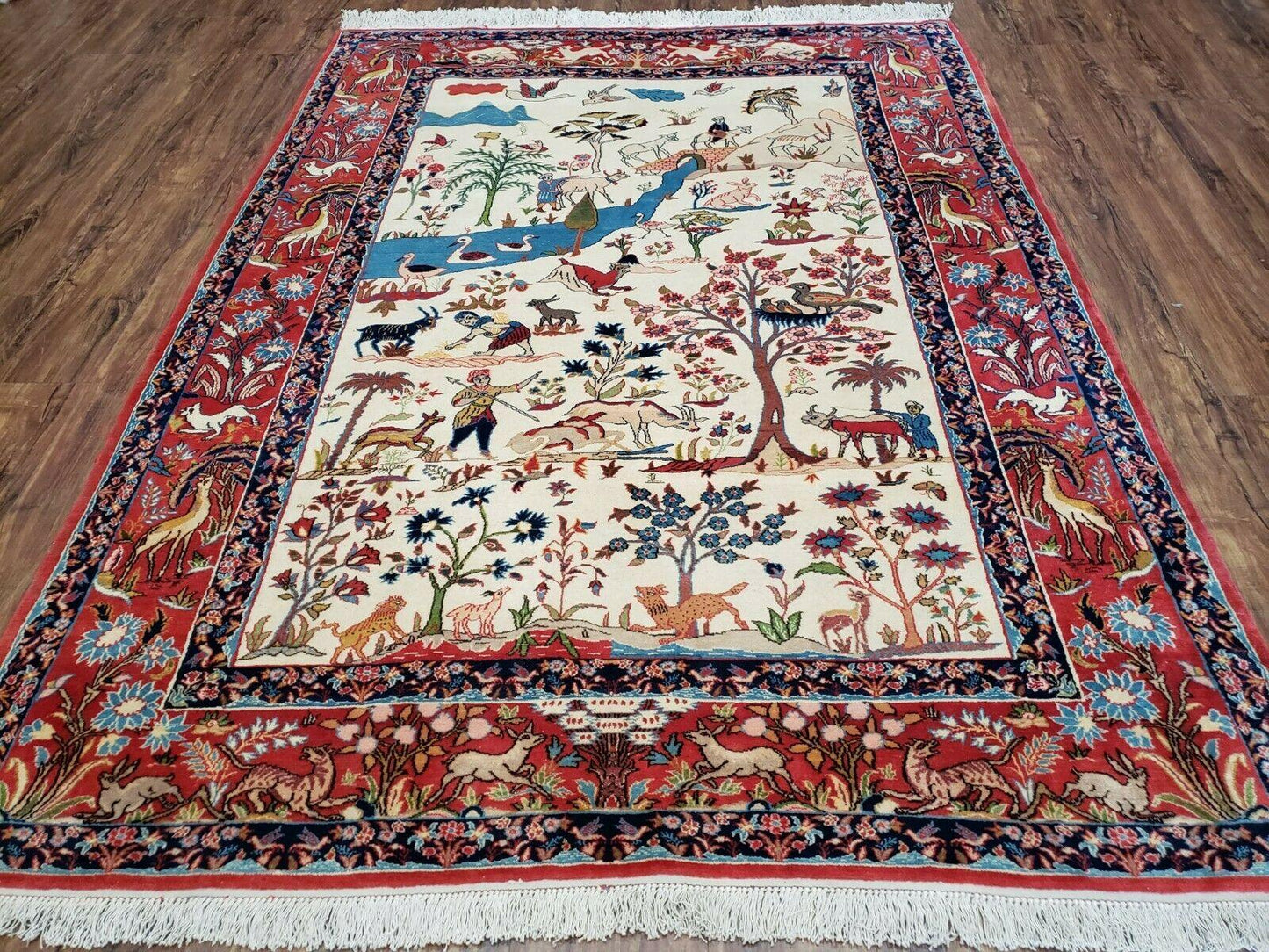 Antique Persian Isfahan Rug 5x7 Hand Knotted Wool Pictorial Tree Of Life