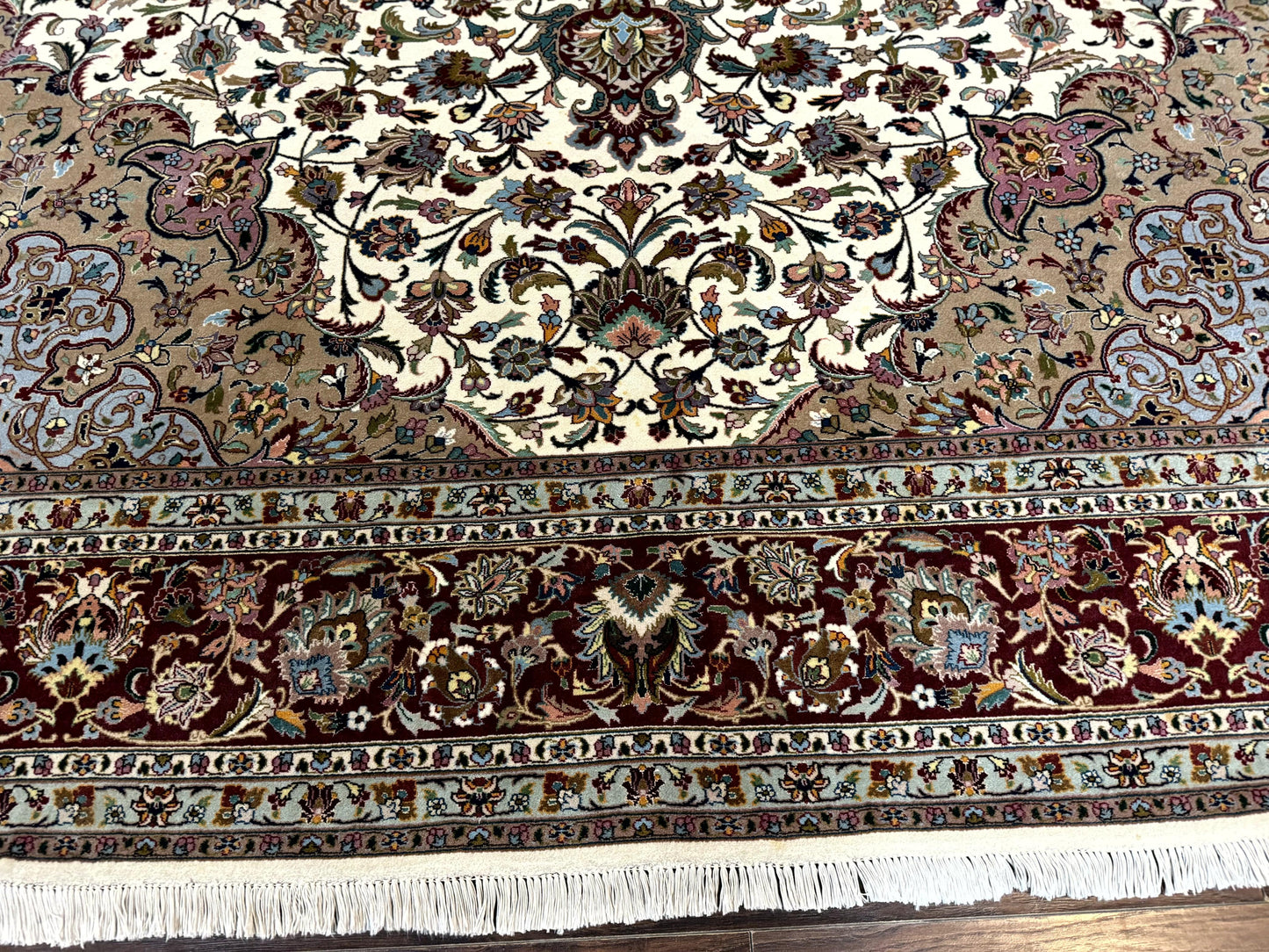 Persian Tabriz Rug Hand Knotted 8x11 Floral Medallion Traditional Area Rug Fine Wool 300 KPSI Ivory Maroon