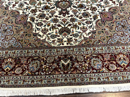 Persian Tabriz Rug Hand Knotted 8x11 Floral Medallion Traditional Area Rug Fine Wool 300 KPSI Ivory Maroon