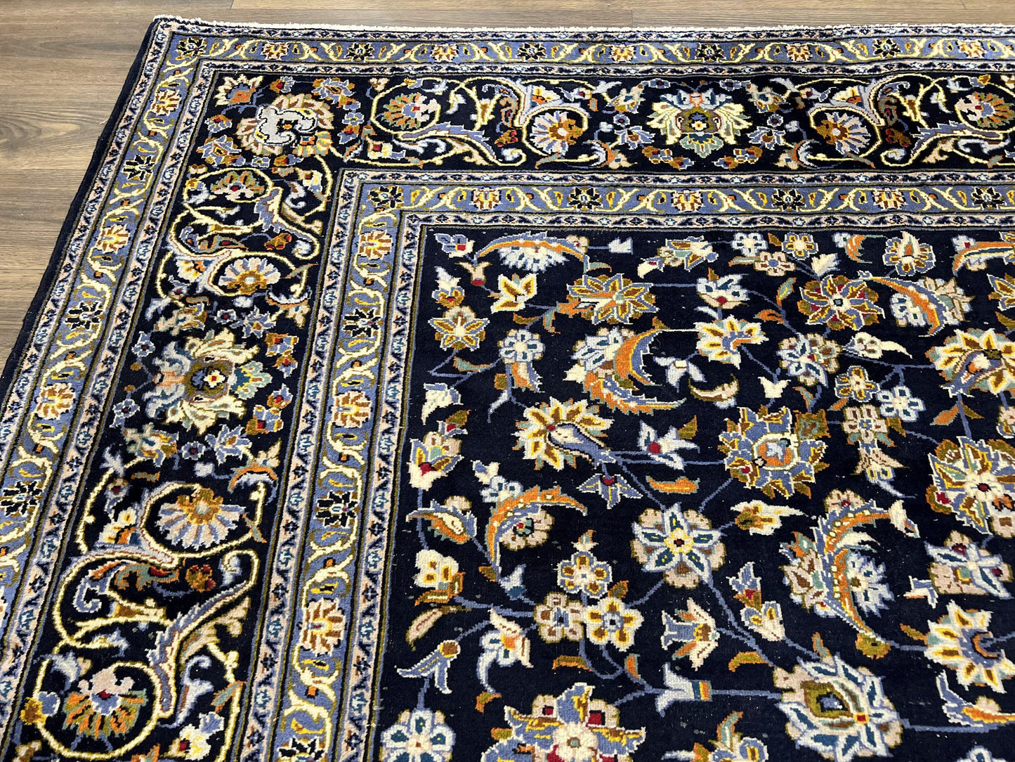 Wonderful Navy Blue Persian Kashan Rug 11x13, Allover Floral Design with Central Medallion, Wool Hand-Knotted Antique Carpet, Signed Rabani Rug