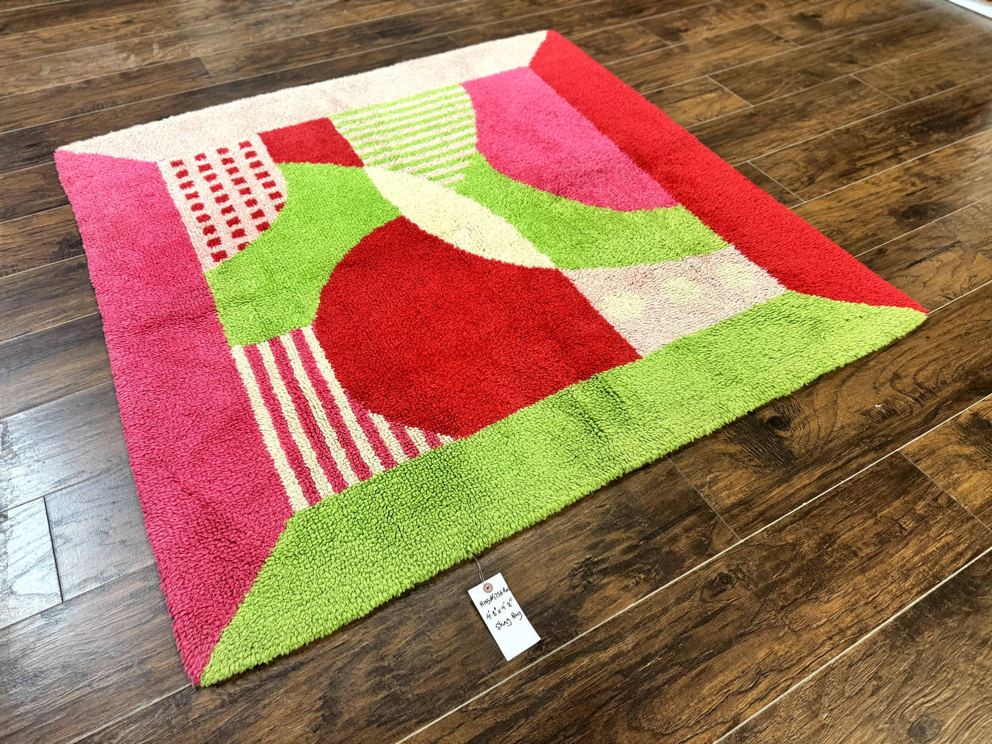 European Shag Rug 4.8 x 4.8, Modern Abstract Design, Green Pink Red, Square Shag Rug, Unique