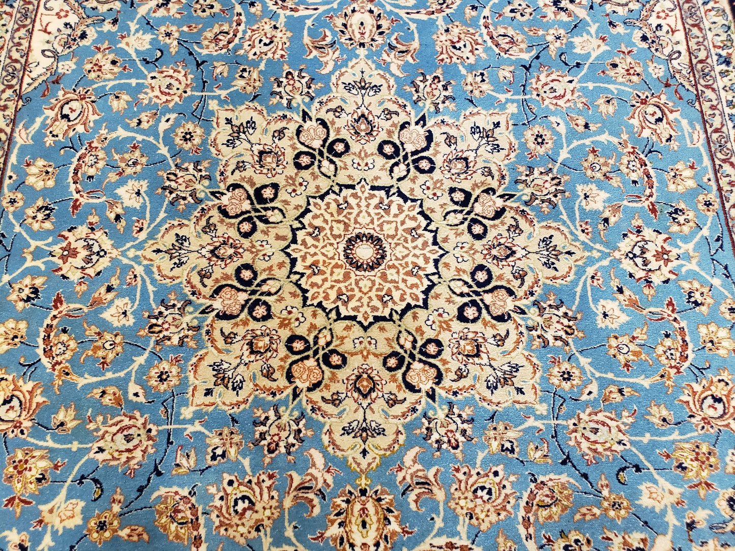 Persian Isfahan Rug Hand Knotted Kork Wool On Silk Foundation Sky Blue Vintage 5 Feet 1 Inch By 7 Feet 8 Inches