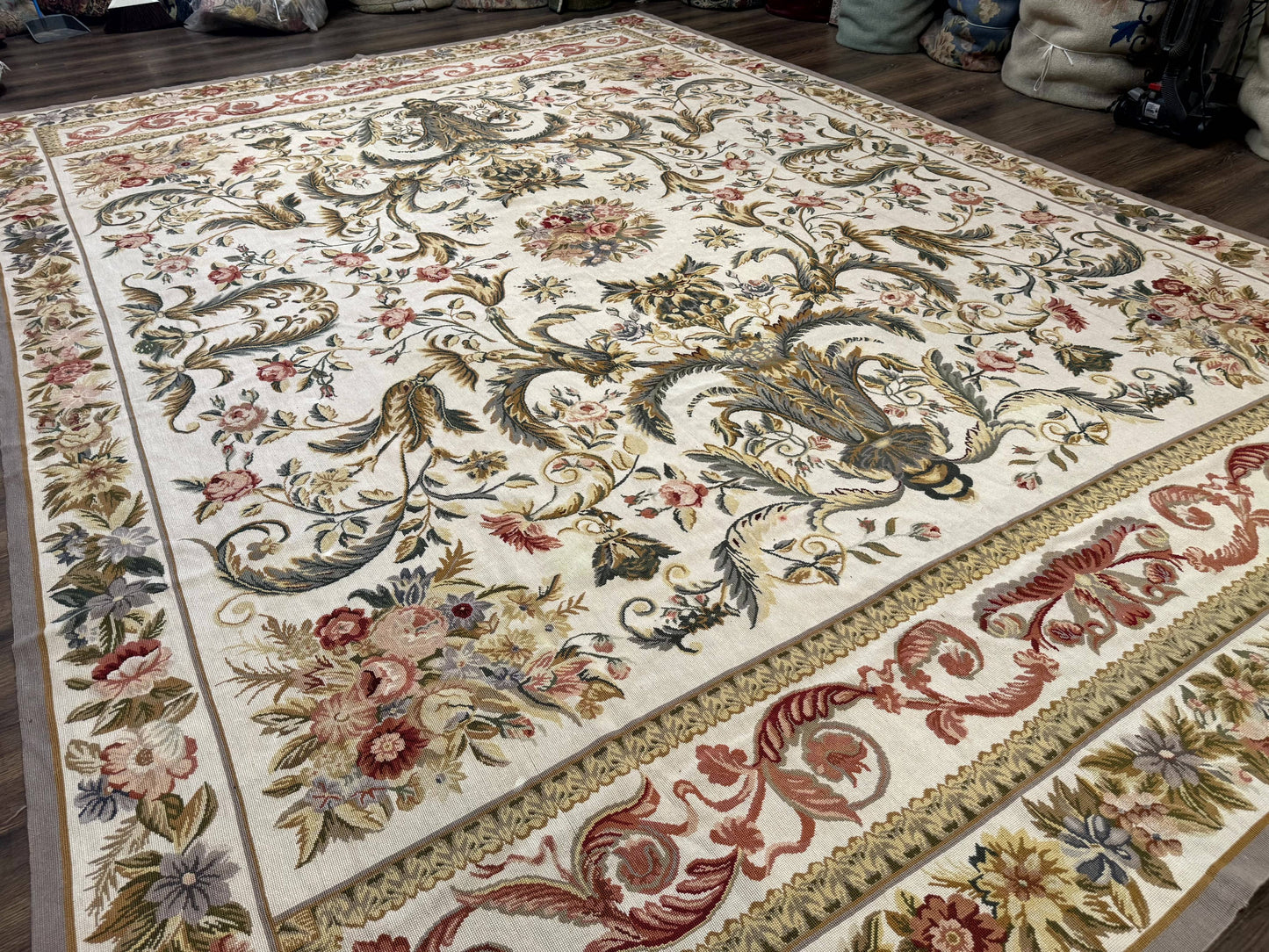 Aubusson Needlepoint Rug 10x14 Elegant European French Carpet Vintage Wool