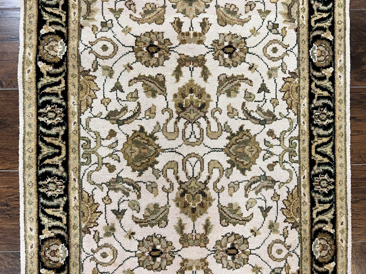 Small Indo Mahal Rug Hand Knotted Wool Vintage Oriental Carpet Beige Tan Black