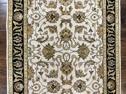 Small Indo Mahal Rug Hand Knotted Wool Vintage Oriental Carpet Beige Tan Black