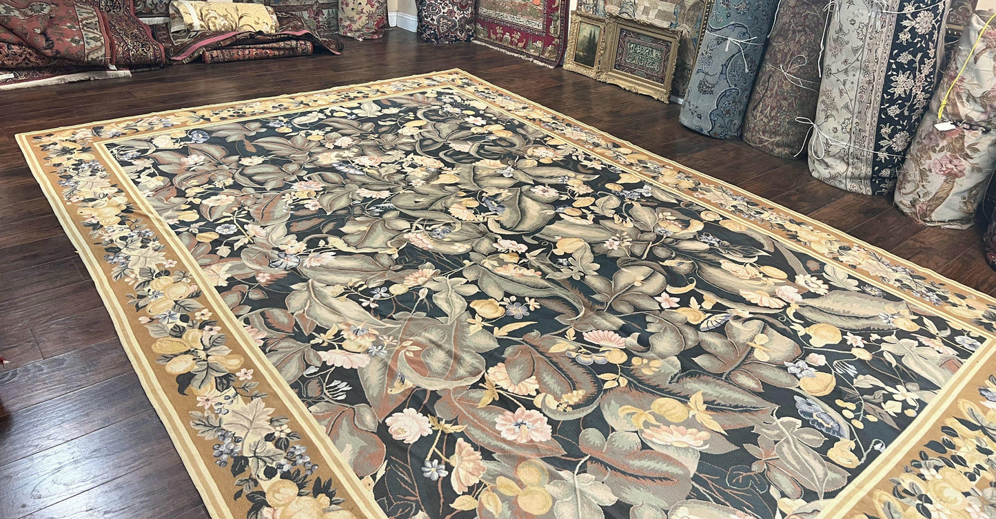 Large Needlepoint Rug 9x13, Handmade Wool Flatweave Vintage Rug, Leaves, Green