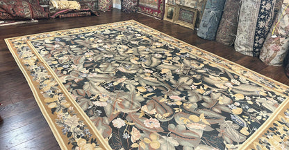 Large Needlepoint Rug 9x13, Handmade Wool Flatweave Vintage Rug, Leaves, Green