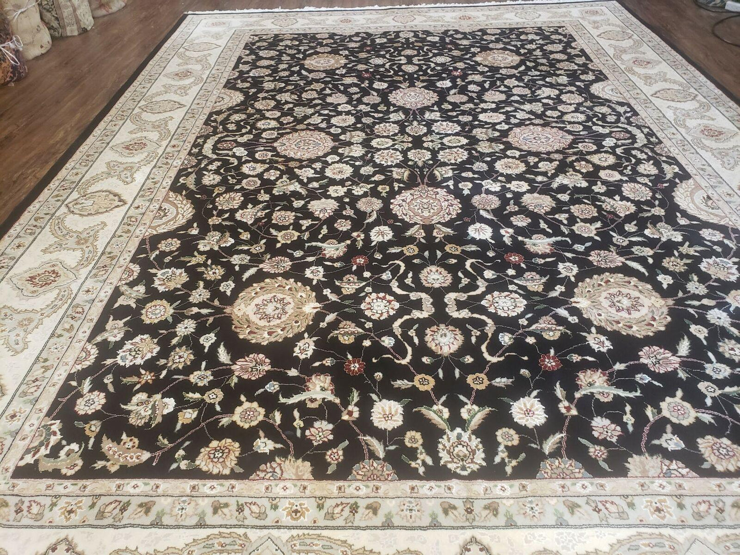 Vintage Wool Rug Oriental Floral Silk Highlights Black Handmade 8 Ft 5 In By 11 Ft 6 In