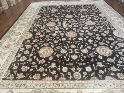 Vintage Wool Rug Oriental Floral Silk Highlights Black Handmade 8 Ft 5 In By 11 Ft 6 In