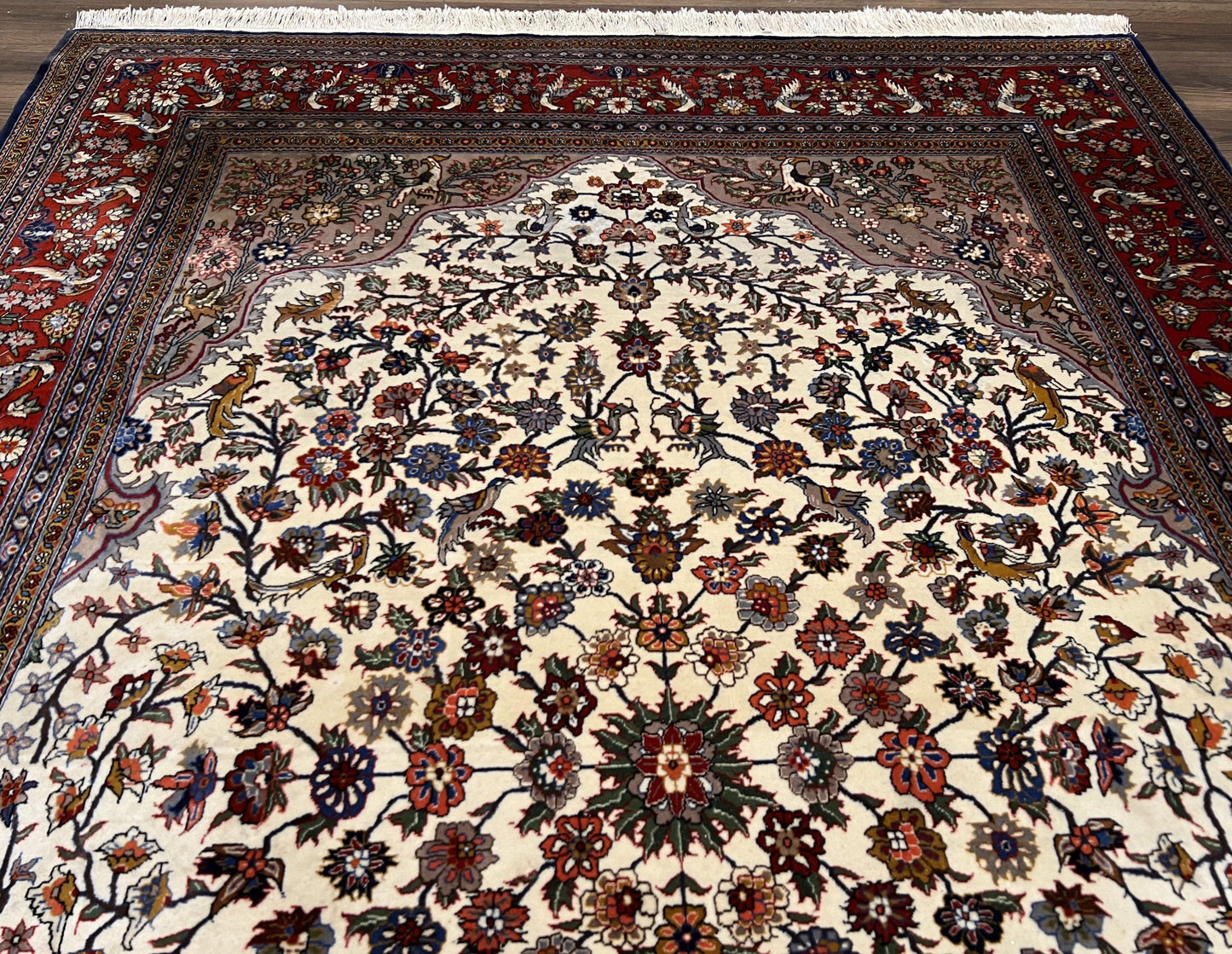 Sino Persian Rug Hand Knotted 7x10 Circle Of Life Tree Of Life Birds Cream Red Navy Blue Taupe Wool Silk Accents Vintage